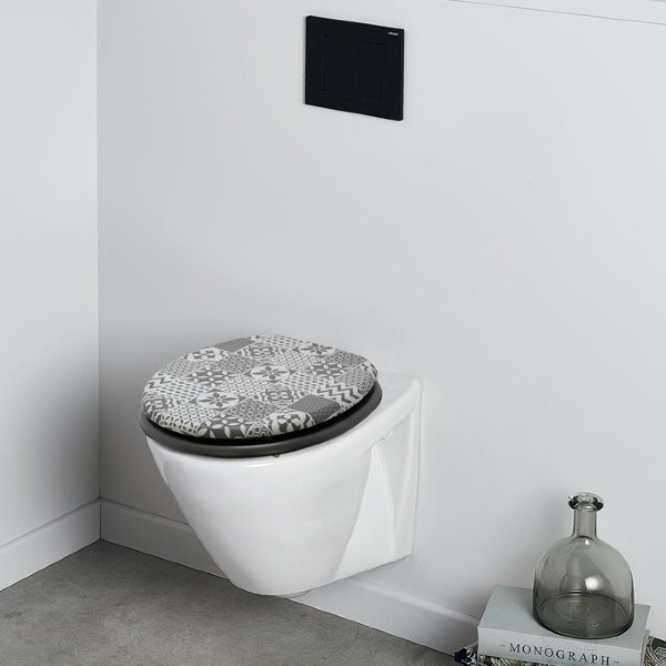 Wirquin WC-Sitz Woody – Zementfliesen-Design, MDF, Universell Rund, Passt Auf Fast Jede Toilette