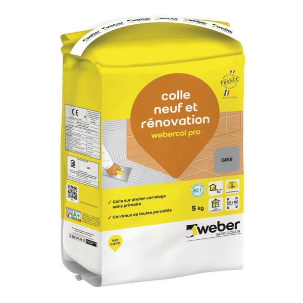 Colle Rénovation Carrelage Murs, Sols Webercol Pro Gris 5kg