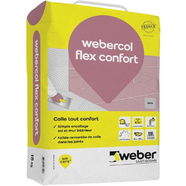 Colle Gris pour Carrelage Grand Carreaux Webercol Flex Confort 15 kg