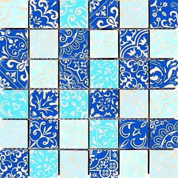 Mosaïque Baroque Bleu Travertin Décoré 3708, Plaque 30,5 x 30,5 x 1 cm