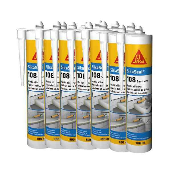 Mastic silicone SIKASEAL 108 Blanc pour sanitaire, carton 12x300 ml