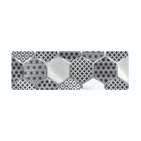 Frise Carrelage Hexagone Noire Verre Alu LI07, Listel 5,3 x 57,6 x 0,8 cm