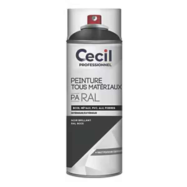 Peinture Tous Materiaux Cecil PA RAL Noir Brillant 400ml