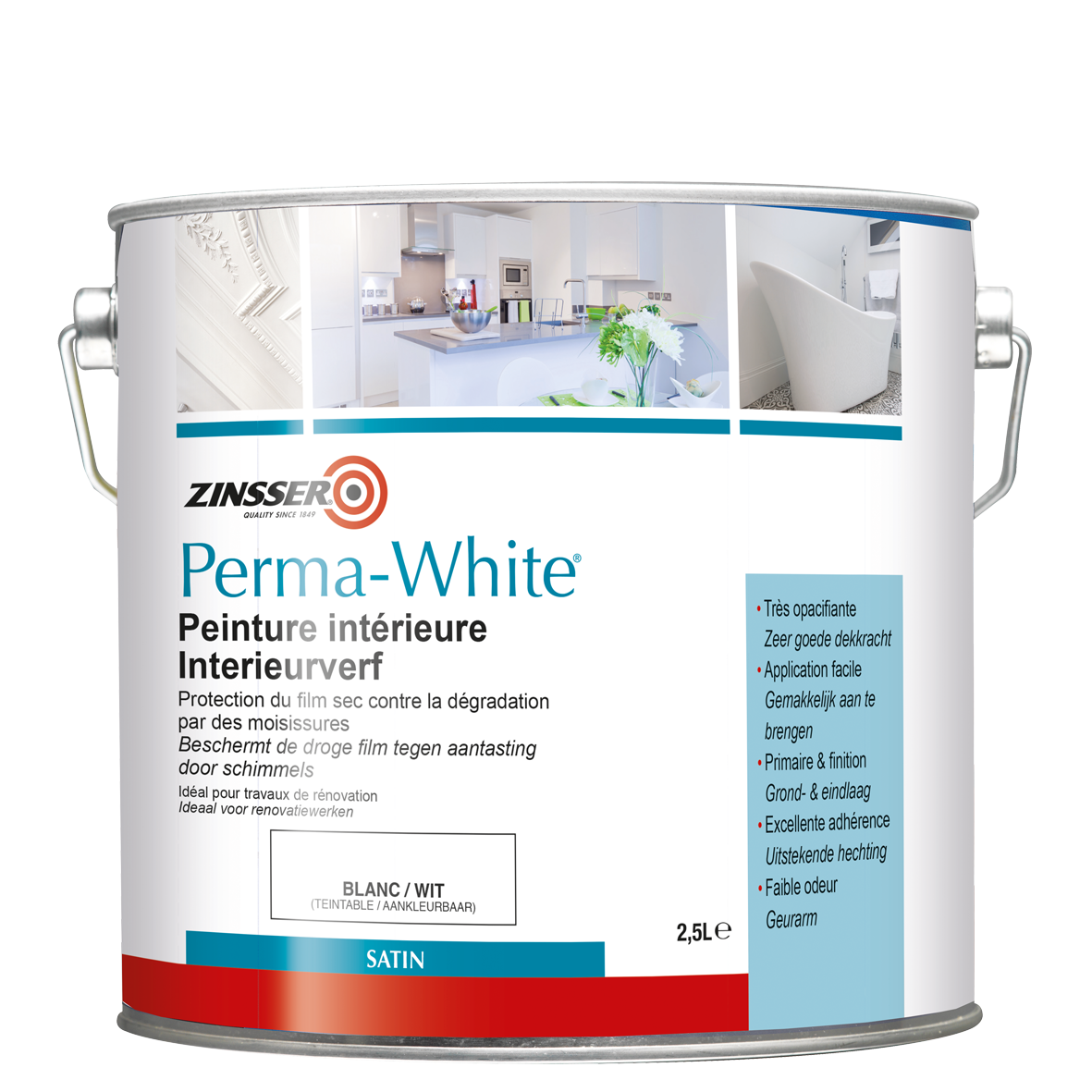 Peinture Locaux Humides Blanche Satin Perma-white Zinsser 2,5 litres