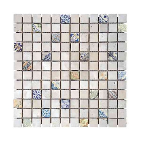 Mosaïque Agadir Ivoire Travertin Décoré 3662, Plaque 30,5 x 30,5 x 1 cm