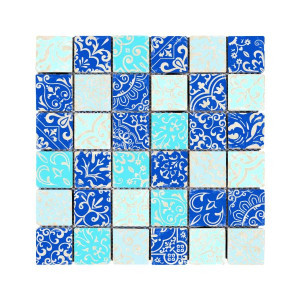 Mosaïque Baroque Bleu Travertin Décoré 3708, Plaque 30,5 x 30,5 x 1 cm