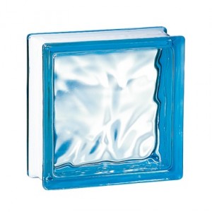 Brique de verre couleur Azur 19x19x8 cm aspect nuagé, par 5 pièces