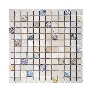 Mosaïque Agadir Ivoire Travertin Décoré 3662, Plaque 30,5 x 30,5 x 1 cm